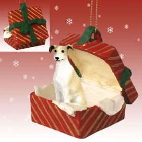 Greyhound - Tan & White -  Red Gift Box Ornament