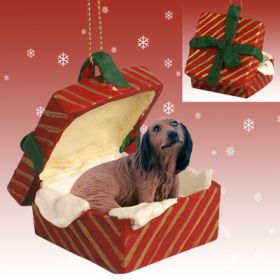 Dachshund - Red- Longhaired - Red Gift Box Ornament