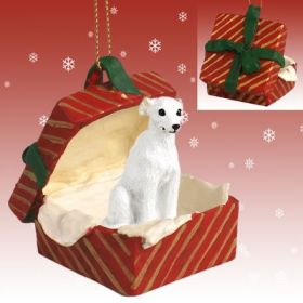 Whippet - White - Red Gift Box Ornament