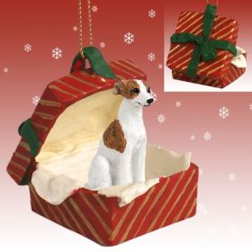 Whippet - Brindle and White - Red Gift Box Ornament