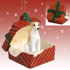 Whippet - Tan and White - Red Gift Box Ornament