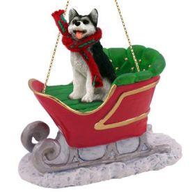 Siberian Husky - Black & White - Brown Eyes - Sleigh Ride Ornament